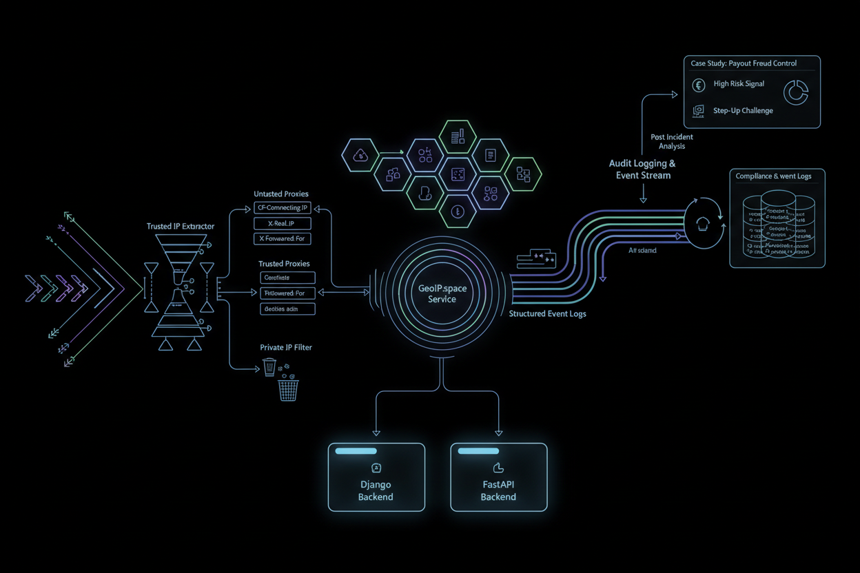 GeoIP in Django and FastAPI: trusted IP extraction, antifraud hooks, and audit logging